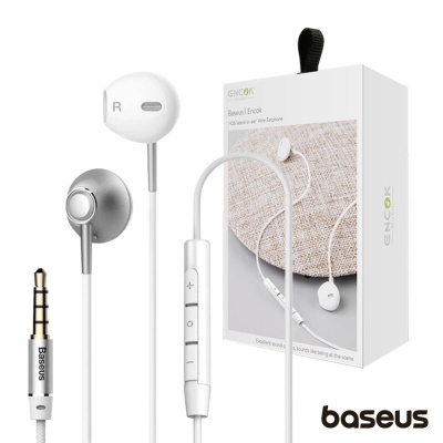 Auriculares brancos Baseus com controlo de volume e embalagem