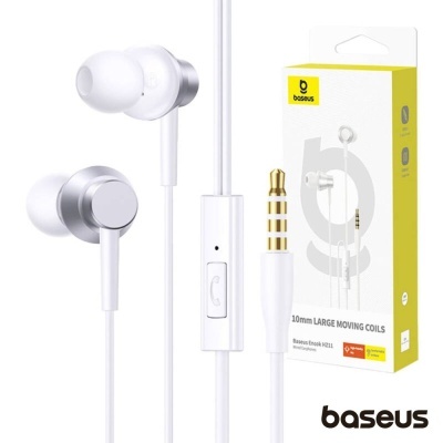 Colunas auriculares Baseus brancas com detalhes prateados e ficha jack 3,5 mm