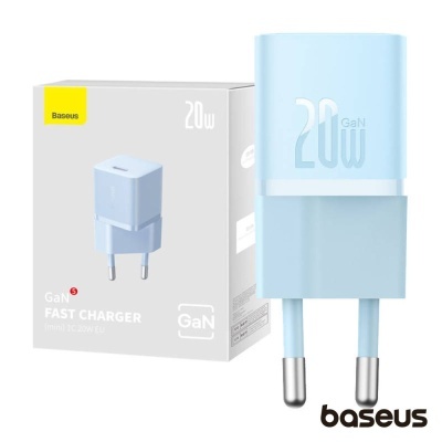Carregador rápido Baseus GaN 20W azul claro com embalagem