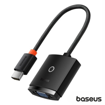Adaptador USB-C para VGA Baseus preto com cabo revestido em malha preta e detalhe laranja