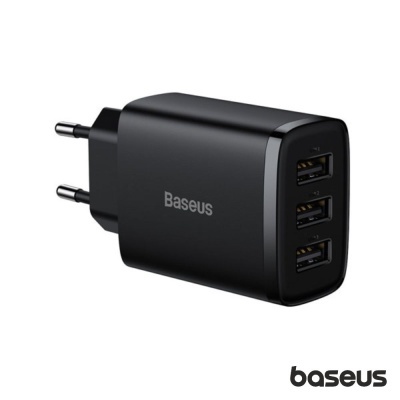 Carregador Baseus preto com três portas USB e plugue europeu