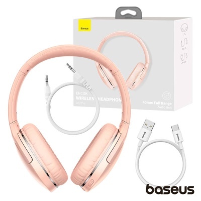 Auscultadores wireless Baseus rosa com cabos e embalagem branca.