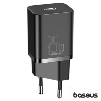 Carregador de parede Baseus preto com 25W e plugue europeu