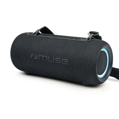 Coluna portátil preta com textura têxtil e borda azul