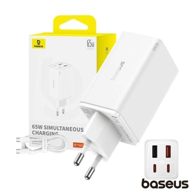Carregador Baseus 65W branco com cabo e embalagem