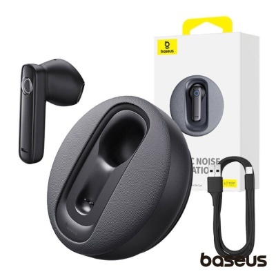 Auricular sem fios preto Baseus com estojo cinzento e embalagem branca