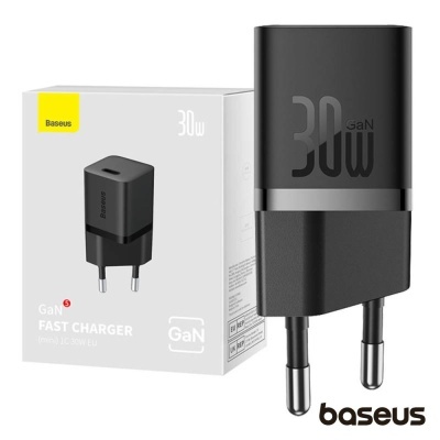 Carregador Baseus GaN 30W preto e embalagem branca com texto