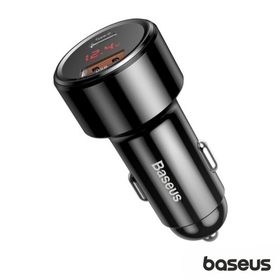 Carregador de carro Baseus preto com visor LED e duas portas USB