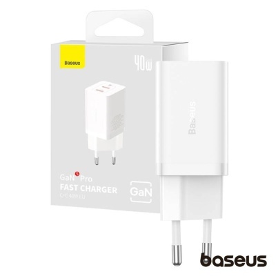 Carregador rápido Baseus GaN Pro branco 40W com embalagem