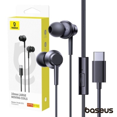 Auriculares com fio Baseus Encok C211 USB-C pretos com embalagem amarela e branca
