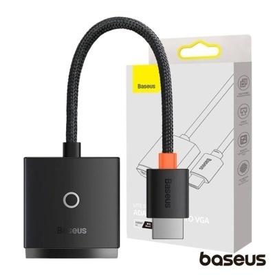 Adaptador Baseus USB-C para VGA com cabo preto e conector USB-C laranja