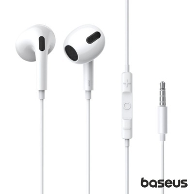 Auriculares brancos com fio e controlo integrado, marca Baseus