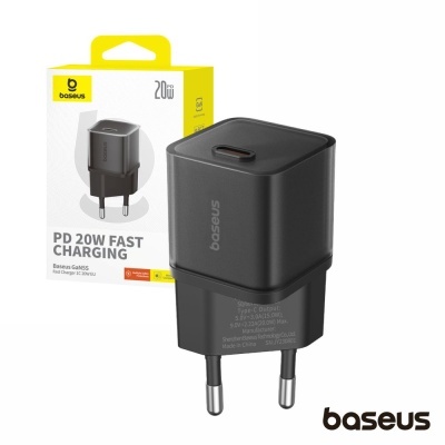 Carregador Baseus GaN5 PD 20W Fast Charging preto com caixa amarela e branca