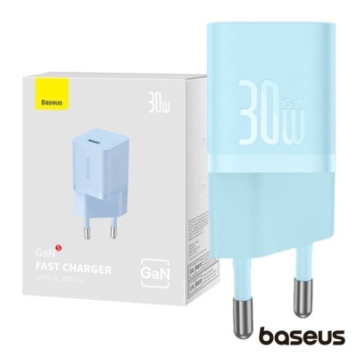 Carregador rápido Baseus GaN 30W azul claro e embalagem