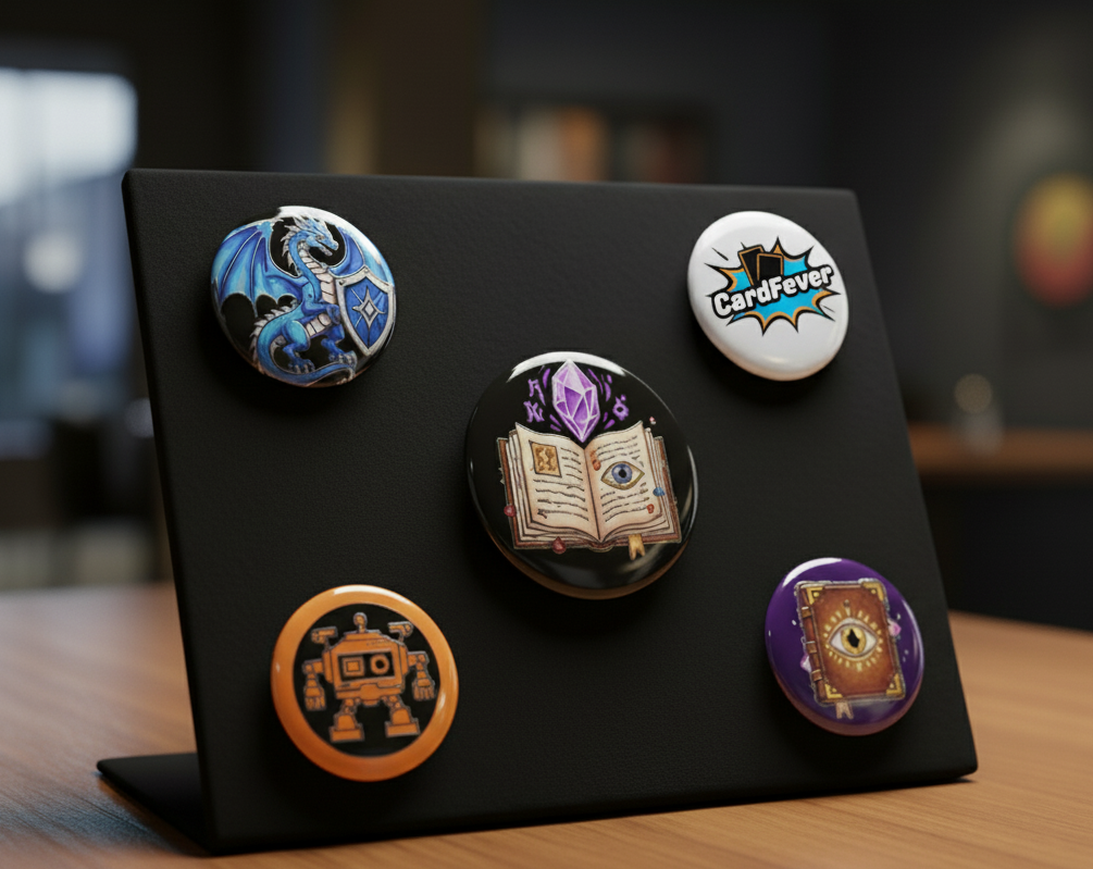 Pin / Crachá Personalizado (Pack 5) Cinco pins redondos com designs variados expostos num suporte preto