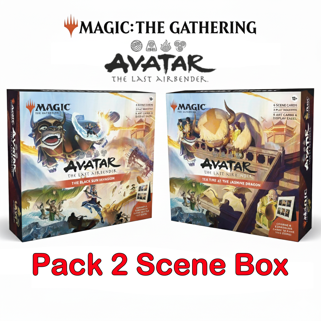 MTG Avatar: The Last Airbender - Conjunto de 2 Scene Box - EN Duas caixas do jogo Magic: The Gathering Avatar The Last Airbender com arte e texto, em fundo branco, com texto vermelho Pack 2 Scene Box