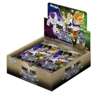 Caixa de promoção do jogo de cartas Dragon Ball com personagens animados e texto promocional