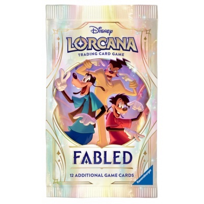 Pacote iridescente de cartas Disney Lorcana Fabled com personagens animados e texto