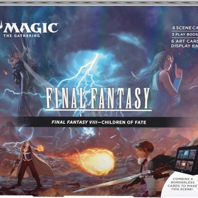 Caixa do jogo Magic The Gathering Final Fantasy VIII com arte de personagens e efeitos de fogo e relâmpago