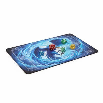 Tapete de jogo azul com imagem de uma ave e quatro dados coloridos