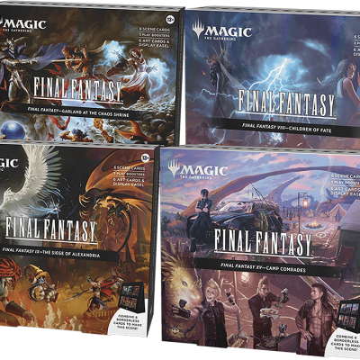 Caixas do jogo Magic The Gathering edição Final Fantasy com arte e texto descritivo
