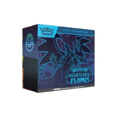 Caixa azul escura Pokémon Elite Trainer Box com dragão e texto Phantasmal Flames