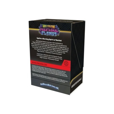 Embalagem do jogo de cartas Pokémon TCG Mega Evolution Phantasmal Flames em preto com texto e detalhes coloridos.