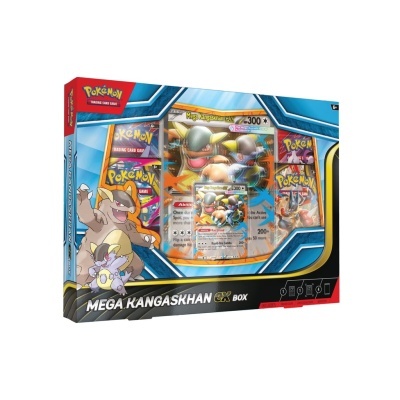 Caixa do jogo de cartas Pokémon MEGA KANGASKHAN ex BOX com cartas à mostra e visual colorido