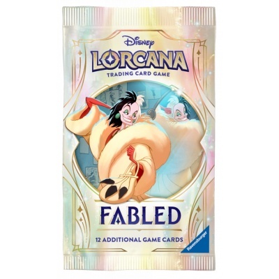 Pacote de cartas Disney Lorcana com personagem Cruella e texto FABLED