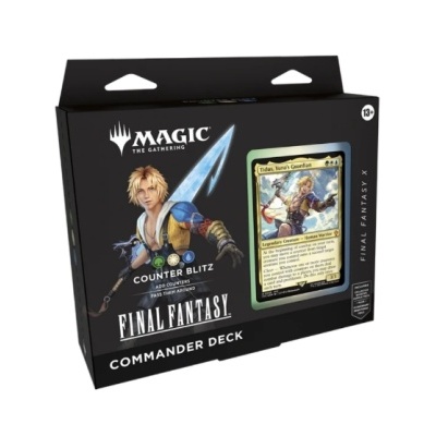 Caixa de deck Commander Magic The Gathering tema Final Fantasy com personagem e carta visível