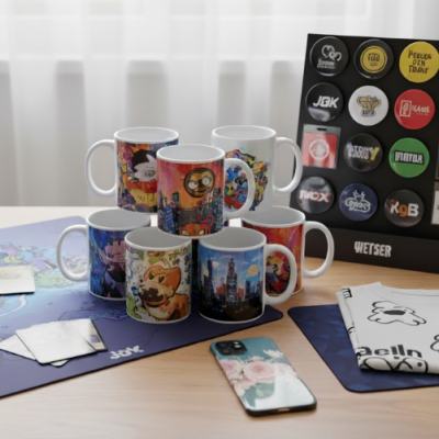 Canecas coloridas, suporte com botons, telemóvel com capa floral, t-shirts estampadas e mapas sobre mesa de madeira