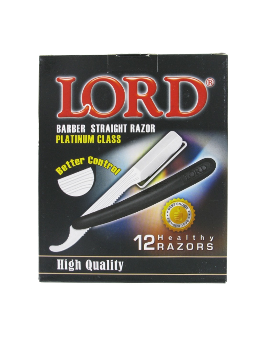 Embalagem preta de navalhas de barbear LORD com texto e imagem da navalha