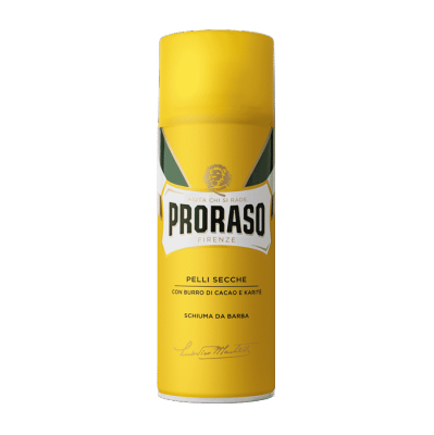 Espuma de barbear Proraso em embalagem amarela para peles secas