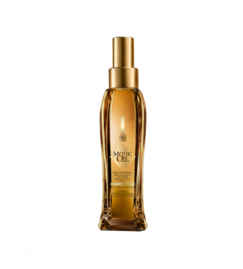 Frasco dourado de óleo capilar Mythic Oil com tampa de spray