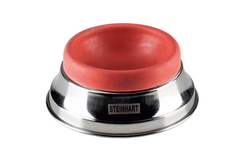 Comedouro para animais em aço inoxidável com interior vermelho de silicone