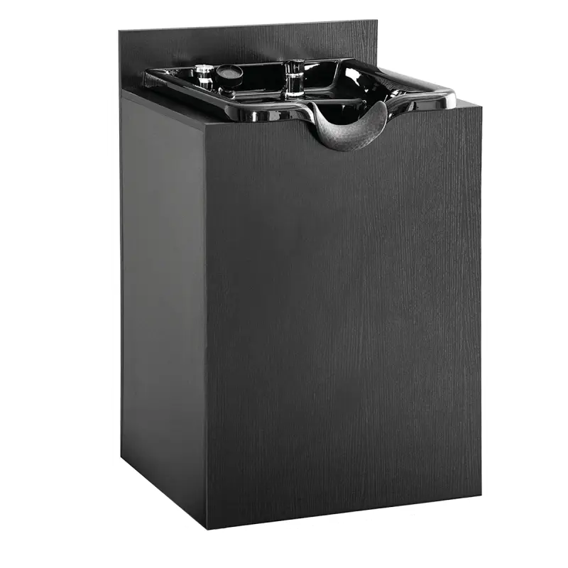 Lavatório de cabeleireiro preto com cuba brilhante e gabinete texturizado