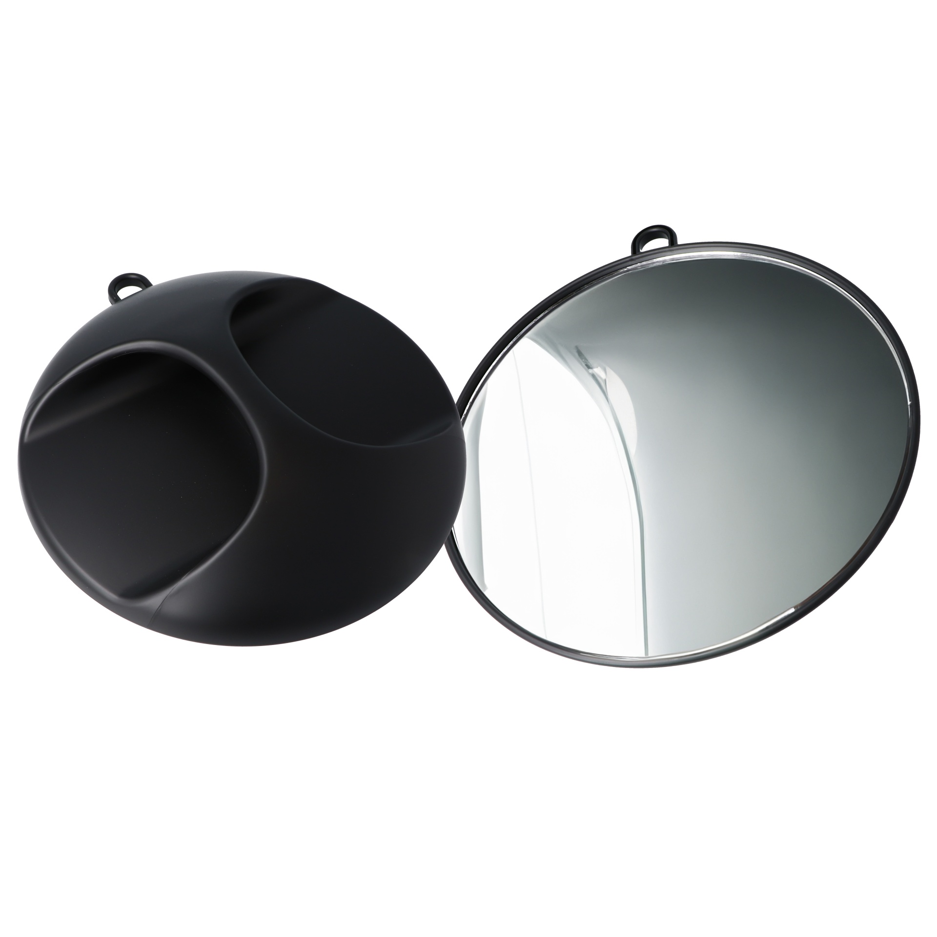 Espelho redondo com capa preta e argola para pendurar