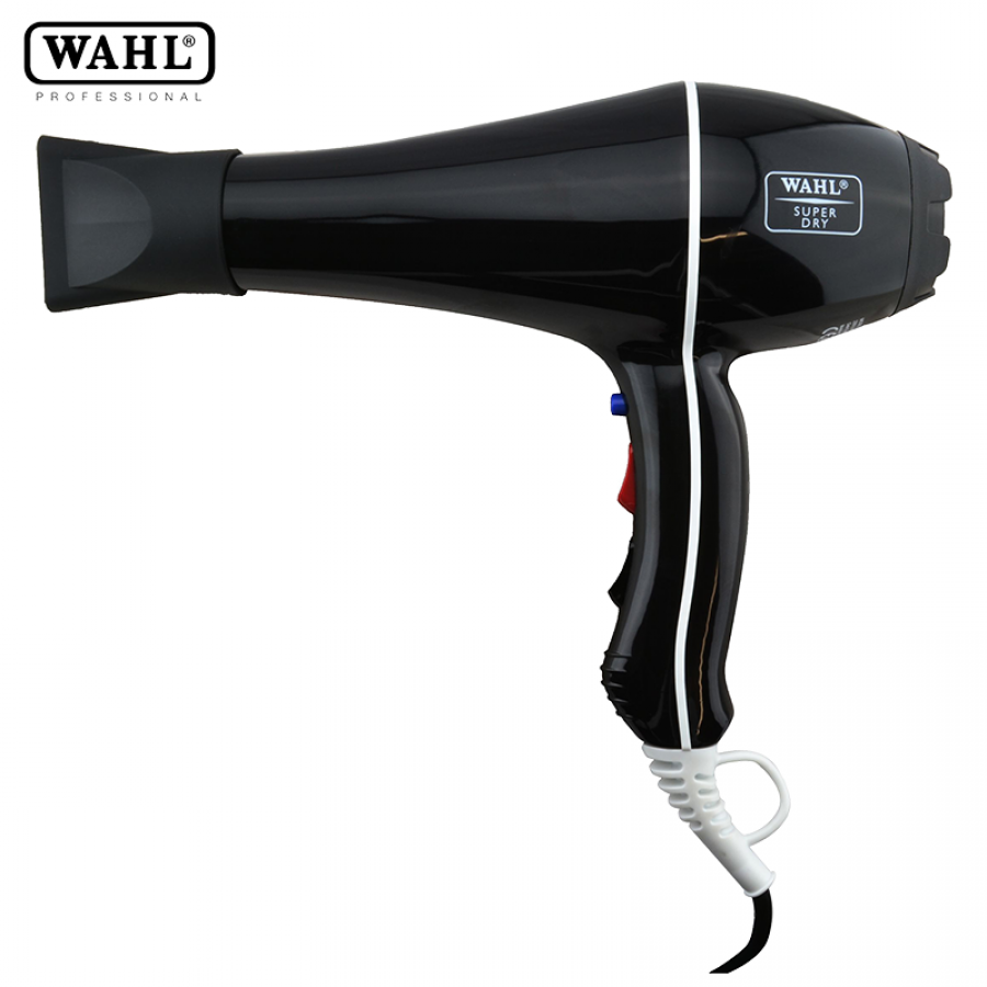 Secador de cabelo WAHL preto com detalhes brancos e etiqueta SUPER DRY