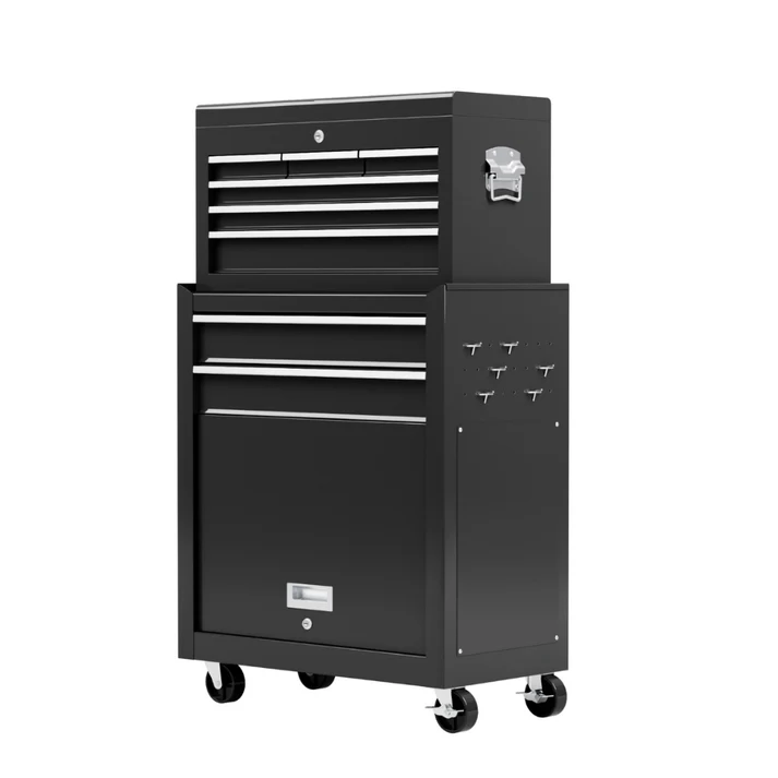 Carrinho de ferramentas preto com gavetas e rodas