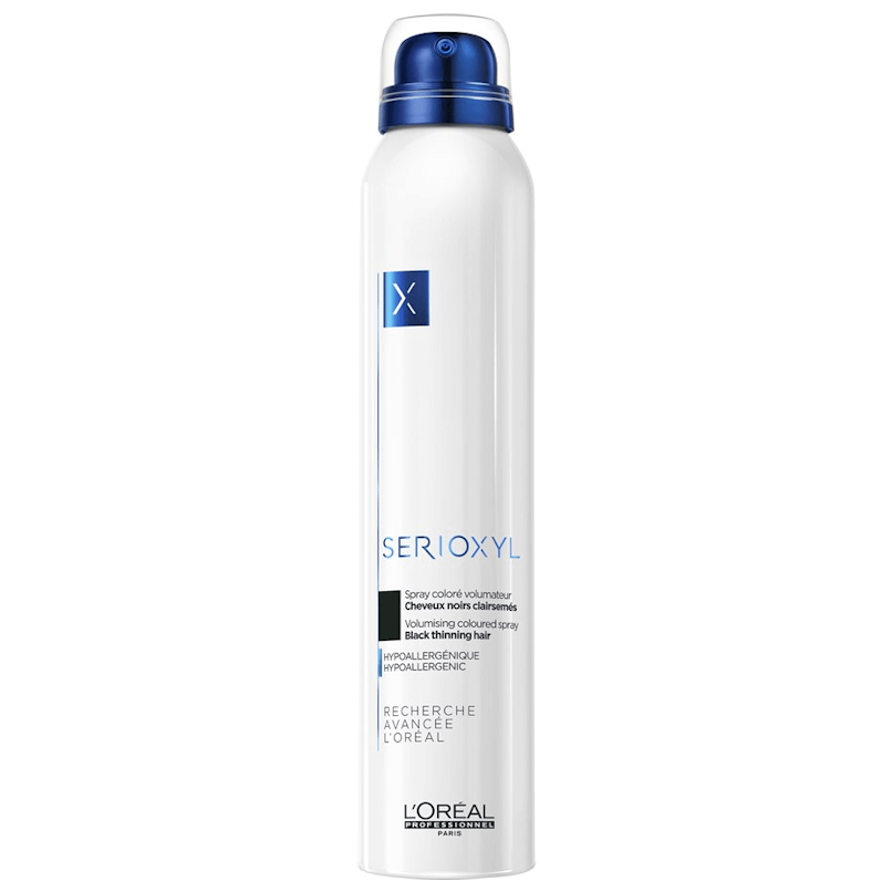 Spray volumizador para cabelo L'Oréal Profissional branco e azul com texto em francês e inglês