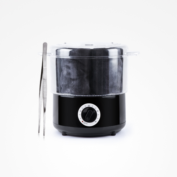 Vaporizador preto e transparente com botão de controlo e duas pinças metálicas