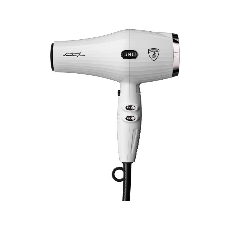 Secador de cabelo branco com logótipo Lamborghini e botões no cabo