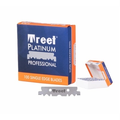 Caixa de lâminas de barbear Treet Platinum Professional em azul e laranja com lâmina metálica