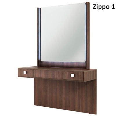 Móvel castanho escuro com espelho e duas gavetas com puxadores brancos