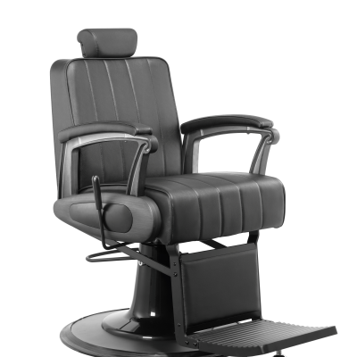 Cadeira de barbeiro preta em couro com base e apoio para os pés