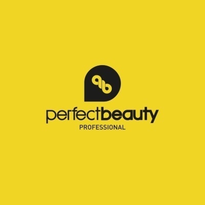 Logotipo preto com texto 'perfectbeauty PROFESSIONAL' em fundo amarelo
