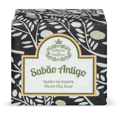 Embalagem de sabão com padrões de folhas, texto 'Sabão Antigo' e descrição de sabonete de azeite
