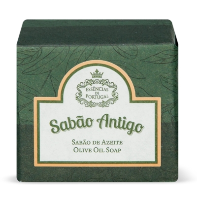 Sabão Antigo Soap embalagem verde com rótulo branco e texto em verde