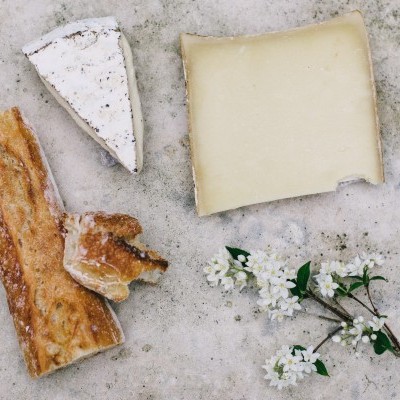 Queijos, pão rústico e ramo de flores sobre superfície cinzenta