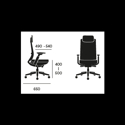 Cadeira de escritório preta com dimensões e vista frontal e lateral